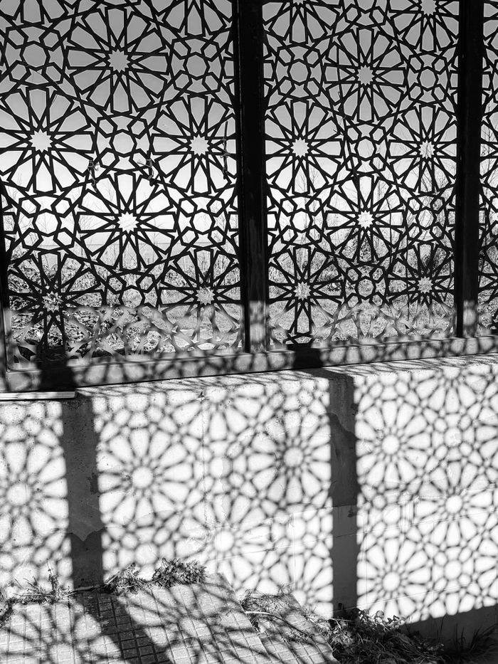 Black and white photo showcasing intricate geometric shadow patterns on a wall outdoors.