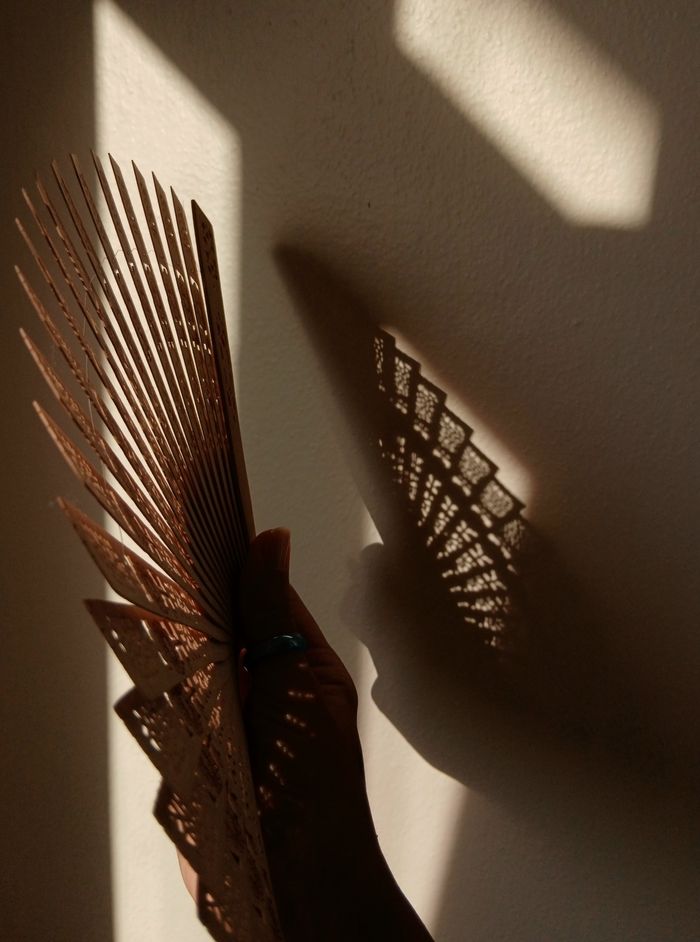 A handheld fan casting intricate shadows on a wall in soft light, creating a dramatic effect.